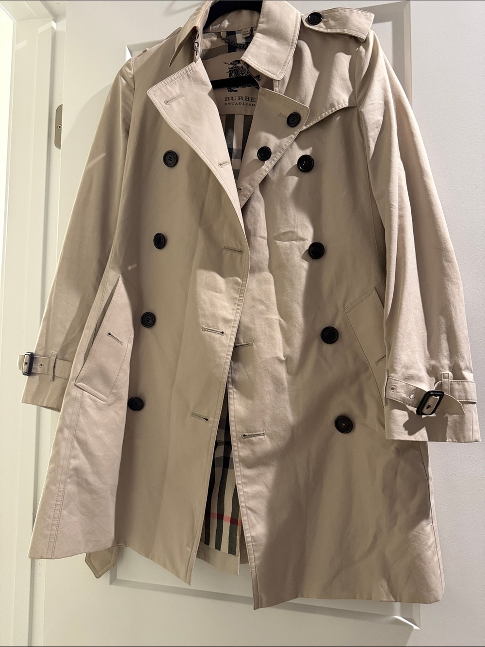 Burberry Beige Double-Breasted Trench Coat with Check Lining